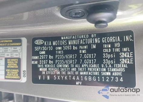 2011 Kia Sorento Lx z USA, uszkodzony, nr VIN 5XYKT4A16BG112734